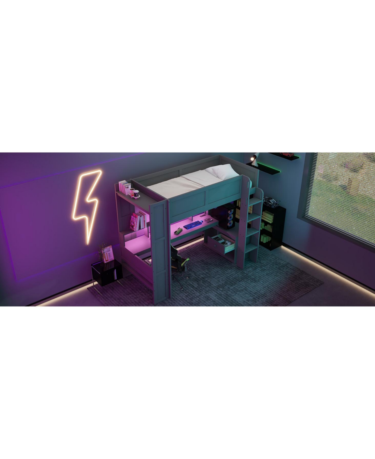 Flynama Twin Size Gaming Loft Bed Built In Desk Charging Station Storage Shelves Led Lighting Space Saving Kids Teens Furniture