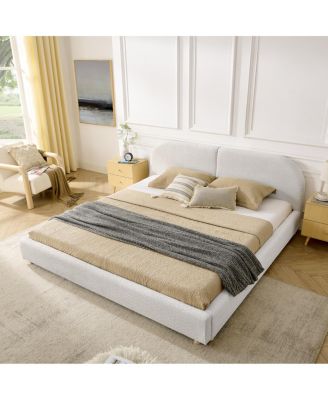 King Size Beige Upholstered Bed Frame with Curved Headboard