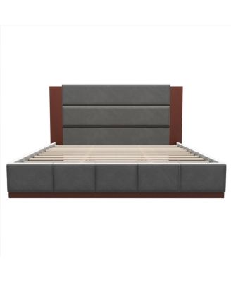 Velvet Upholstered King Bed Frame with Extended Wood Headboard