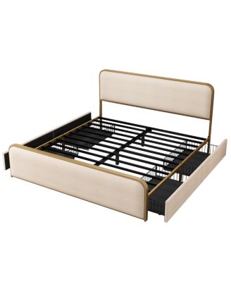 Streamdale Gold Modern Metal Bed Frame w/ Curved Upholstered Headboard, King