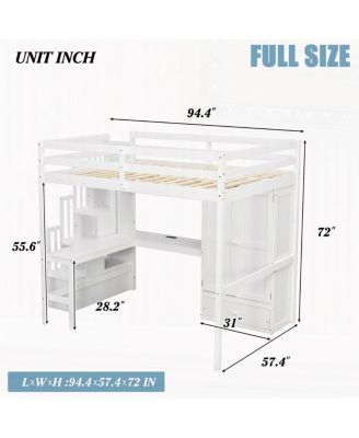  Full Size Loft Wood Bed with Desk, Shelves, Wardrobe, Staircase