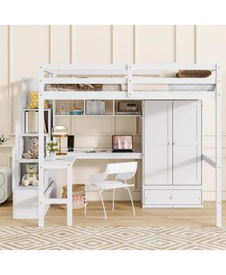  Full Size Loft Wood Bed with Desk, Shelves, Wardrobe, Staircase