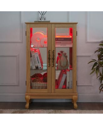 Elegant Light Oak Curio Cabinet with Glass Doors, LED