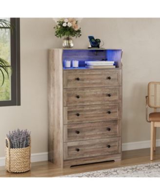 5 Drawer Wooden Dresser for Bedroom Closet Bedside, Wood Chest of Drawers with Charging Station & LED Lights for Nursery Living Room