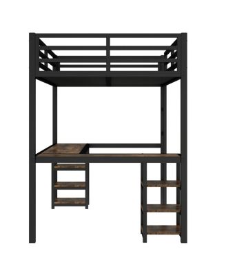 Twin XL Metal Loft Bed with Desk, Shelves, Ladder & Guardrails