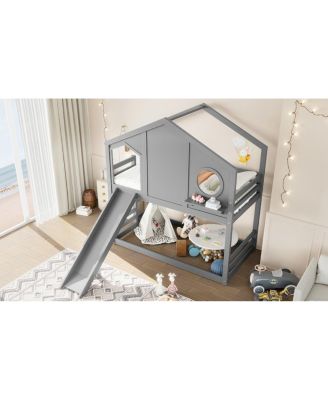 Twin House Bunk Bed with Slide & Storage Shelves, Solid Wood Loft Bed