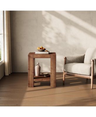 19.69" Solid Wood Side Table Set of 2, Farmhouse 2-Tier End Table with Storage Shelves