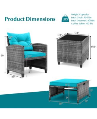 5 Piece Patio Rattan Furniture w/ 2 Ottomans & Tempered Glass Coffee Table Outdoor