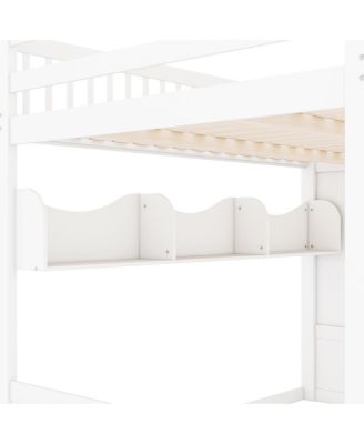 Queen Size Wooden Loft Bed with Staircase, Wardrobe & Storage