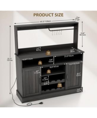 47" Farmhouse Coffee Bar Cabinet with Charging Station & Wine Racks Rustic Wood Kitchen Buffet Cabinet Wine Bar Table for Dining & Living Room