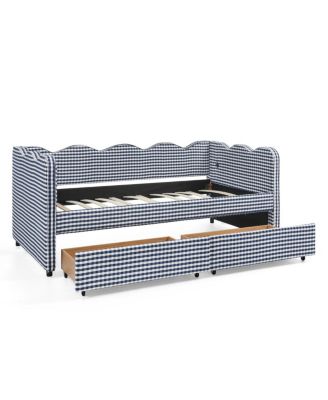 Twin Size Gingham Daybed w/ 2 Drawers, USB Port & Wave Shape