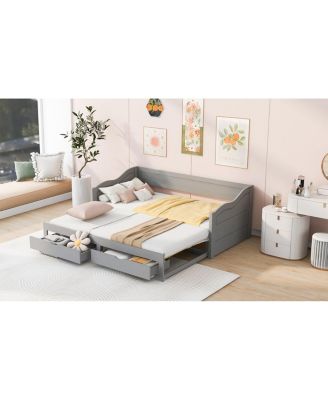 Wooden Daybed with Trundle & Storage Drawers, Extendable Sofa Bed