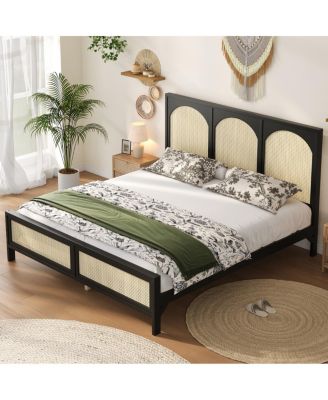 King Size Wood Platform Bed with Rattan Headboard 