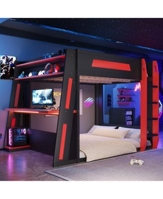 Wooden Gaming Bunk Bed with Desk, USB & LED Lights