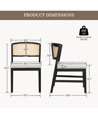 Set of 2 Rattan Dining Chairs, Fabric Upholstered Kitchen Side Chair