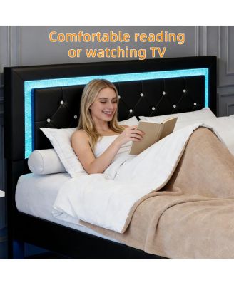 Bed Frame with Headboard, LED Lights, Upholstered Platform Bed