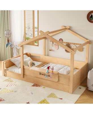 Streamdale Twin Size House Floor Bed with Guardrails, Roof, Tray & Signboard