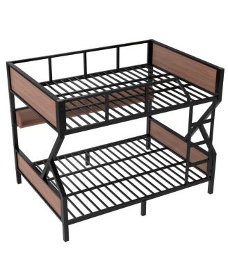 Queen over Queen Bunk Bed with Storage Shelves and Lights