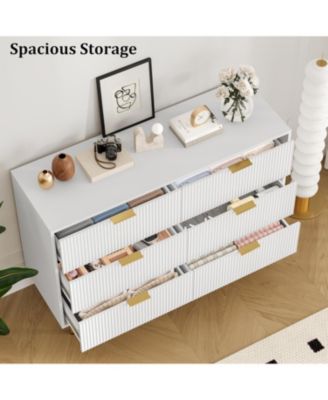 6 Drawer Dresser for Bedroom Chest of Drawers, 47" Wide Fluted Dresser with Drawers, Modern Wooden Double Dressers with Metal Handles