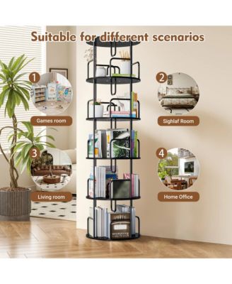360° Rotating Bookshelf Tower, 5-Tier Round Vertical Storage Display Rack, Narrow Tall Bookcase for Living Room and Home Office (Black)