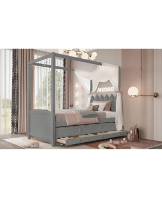 Twin Platform Bed with Upholstered Headboard, Trundle, 3 Drawers & Canopy