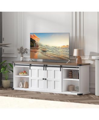 Farmhouse TV Stand for 75 Inch TV, Entertainment Center with Storage Cabinets and Sliding Barn Doors