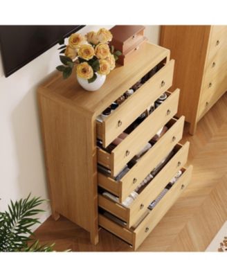 5 Drawer Tall Dresser, Oak Finish Storage Chest with Gold Ring Pulls