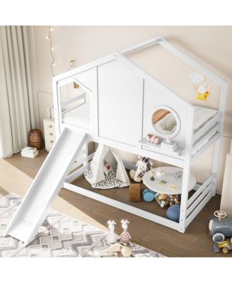 Twin House Bunk Bed with Slide & Storage Shelves, Solid Wood Loft Bed