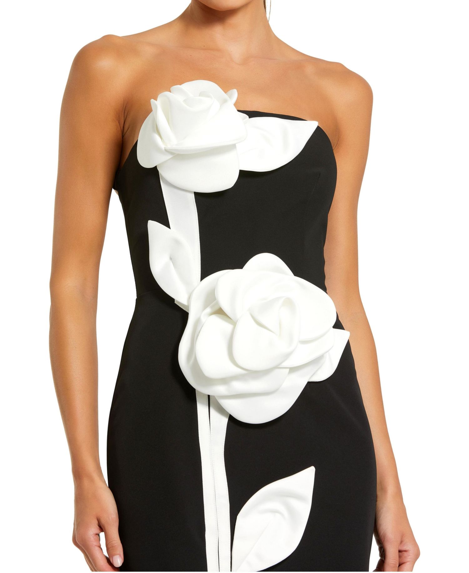 Women's Strapless Crepe Ankle Dress With 3D Satin Flowers