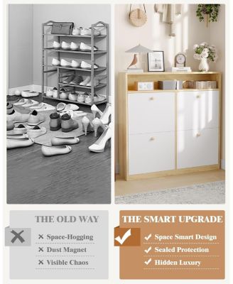 Narrow Shoe Cabinet with 4 Flip Drawers and Open Shelf, Wooden Freestanding Shoes Organizer with Shelves for Slippers,Sneakers,Heels,Boots