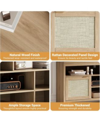 30" Tall Rattan TV Console Cabinet with Storage，Entertainment Center Media Console for 45-65" TV Living Room ，30 in Tall Oak Wood Television