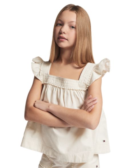 Топ Tommy Hilfiger Twill Ruffle-Sleeve для девочек, цвет: Кремовый