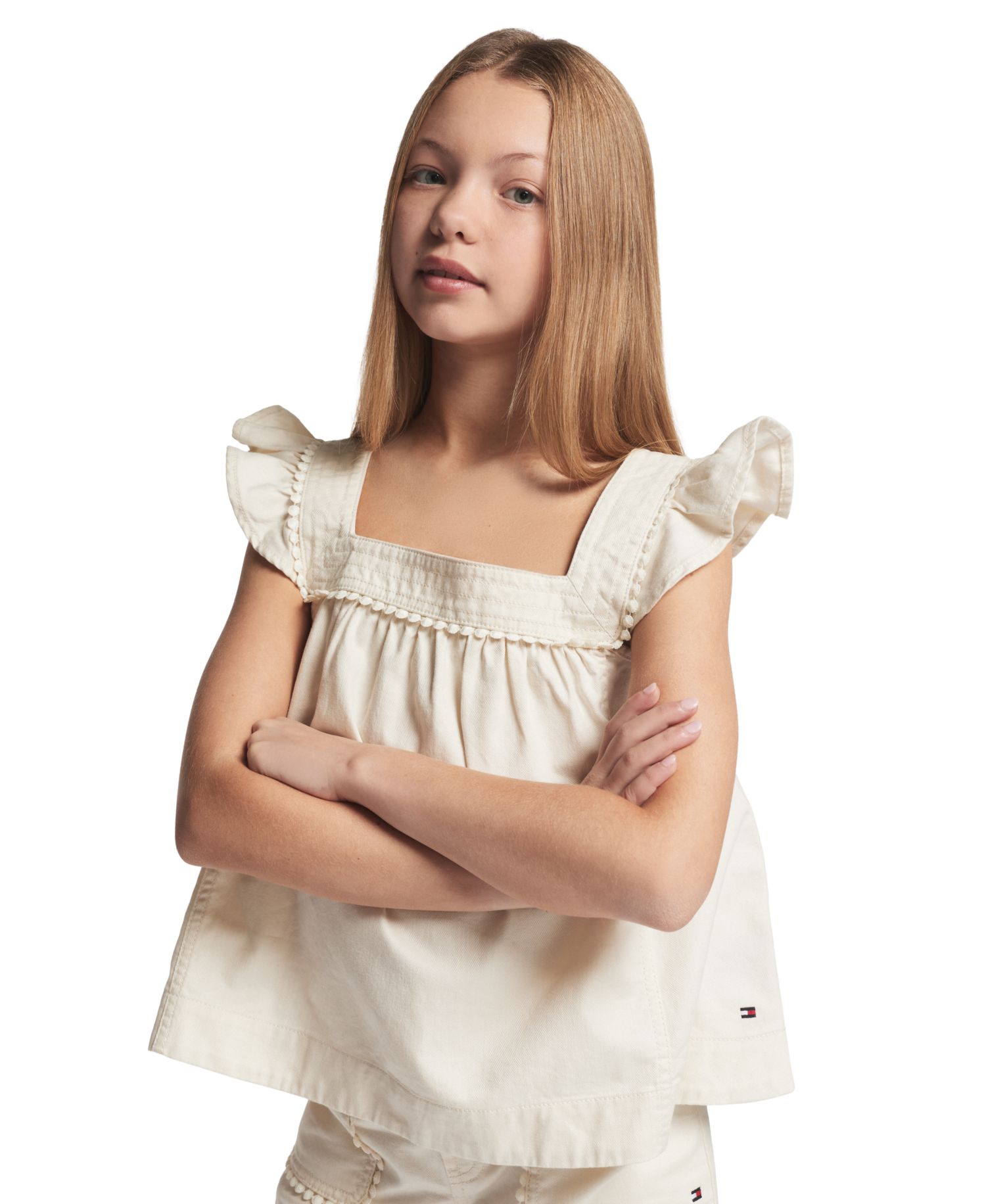 Girls' 7-16 Twill Ruffle-Sleeve Top