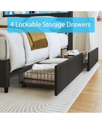  Bed Frame with Ergonomic Headboard, Outlets, LED Light & Shelf