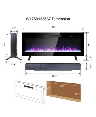 36 inch recessed ultra thin tempered glass front wall mounted electric fireplace and multi color flame & emberbed, LED light heater