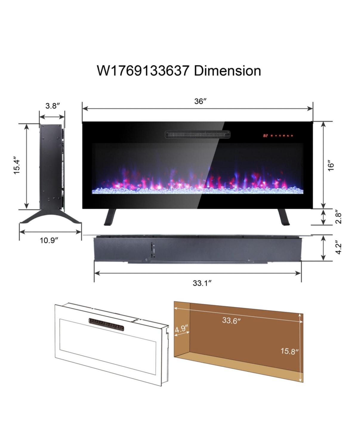 Flynama 36 inch recessed ultra thin tempered glass front wall mounted electric fireplace and multi color flame & emberbed, Led light heater