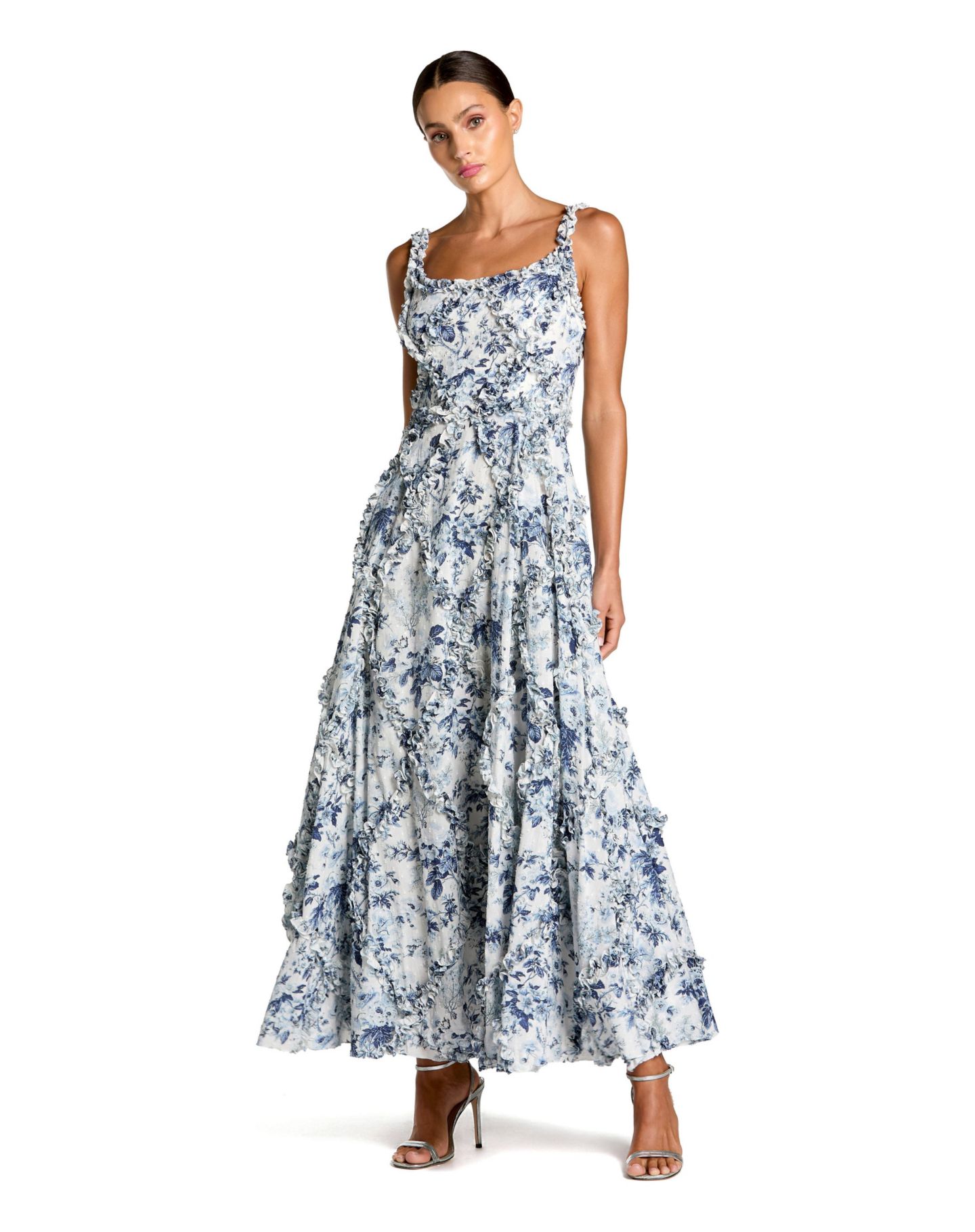 Женское платье Mac Duggal Floral Cotton Ruffle Square Neck Ankle, цвет: Синий разноцветный — фото 1