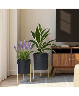 2-Piece Diamond Pattern Round Metal Cachepot Planter Set