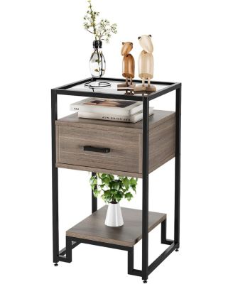 Nightstand, End Table with Storage Drawer and 3-Tier Storage & Tempered Glass Top, Bedside Furniture with Steel Frame, Easy Assembly
