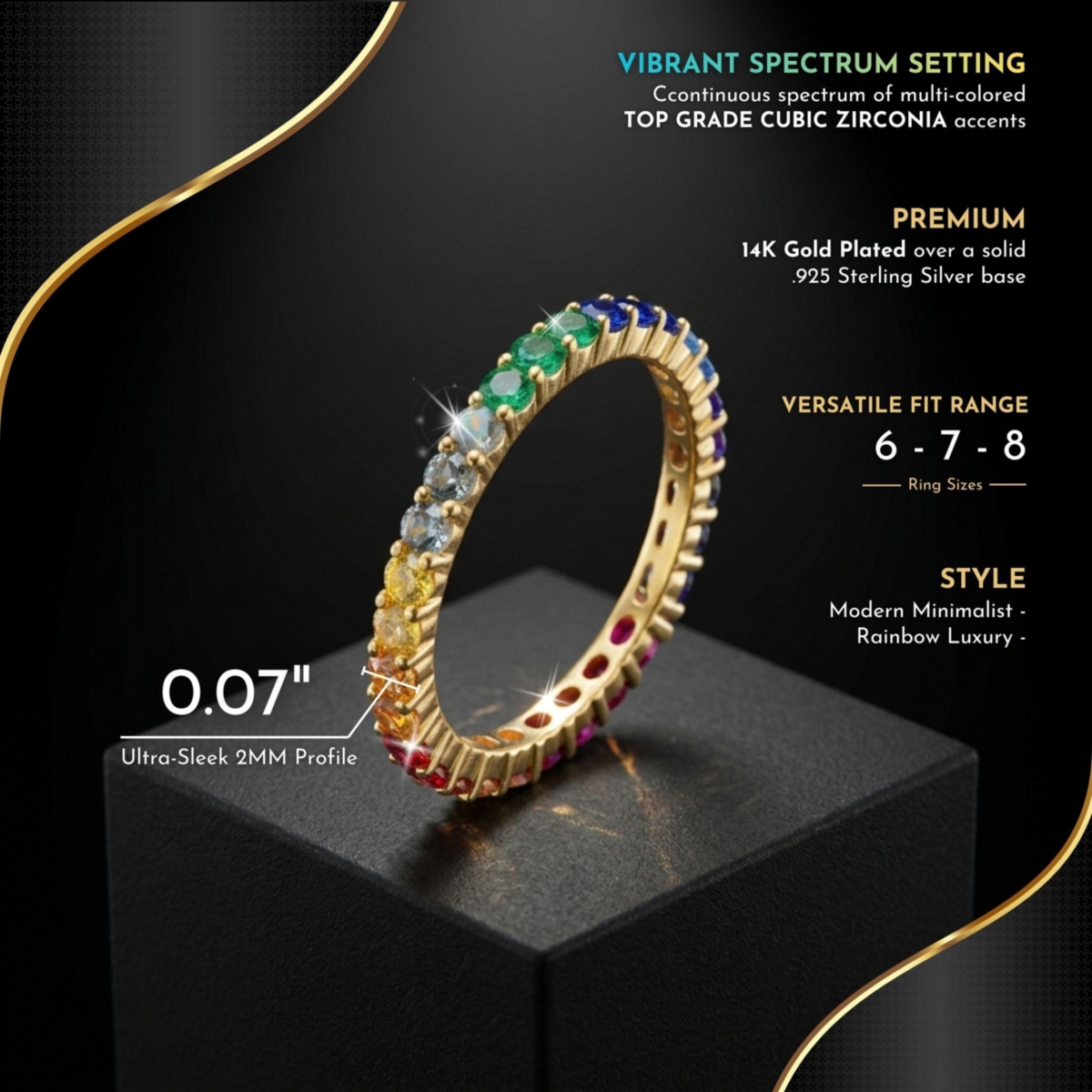 Sterling Silver 14K Gold Plating Cubic Zirconia Multicolored Eternity Ring