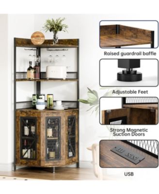  Corner Bar Cabinet with LED Strip 5-Tiers Industrial Bar Cabinet with Power Outlet & Glass Holder Wine Cabinet for Home Bar Display Cabinet