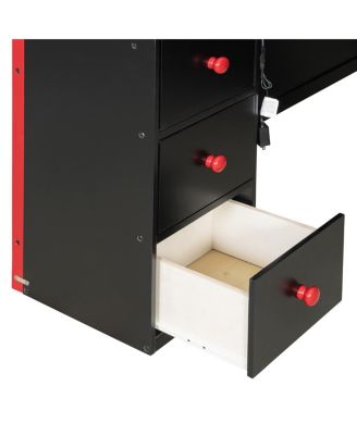 Full Size Wood Loft Bed with Desk, Ample Storage Space and Light