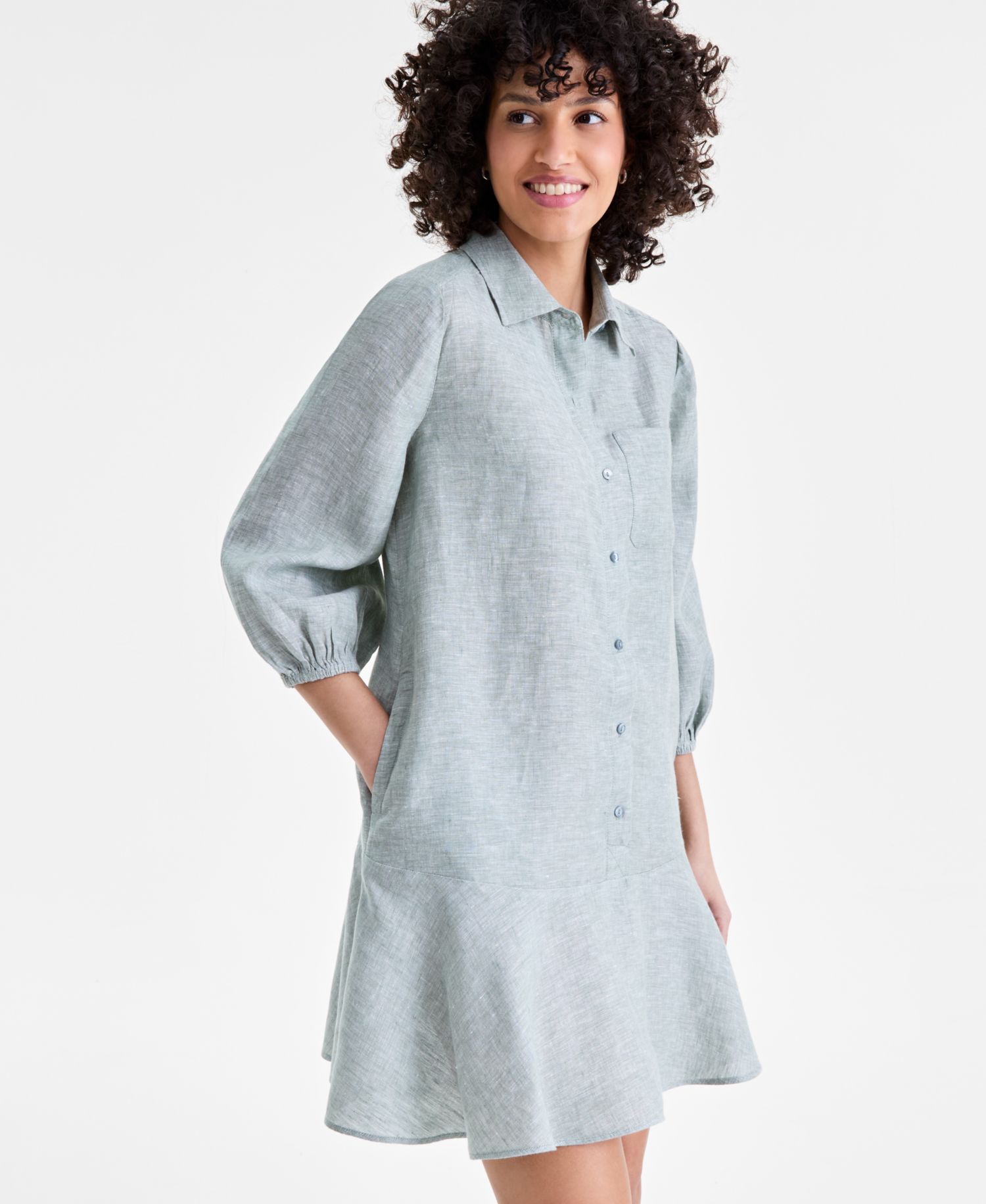 Plus Size 100% Linen Collared Flounce Dress