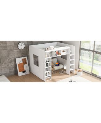 Queen Size Wooden Loft Bed with Storage Cabinets and Shelves