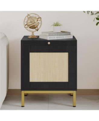 Rattan Night Stand, Modern Farmhouse Pattern Side Table, End Table with Tray, Sofa Table with Storage Shelf for Bedroom, Living Room