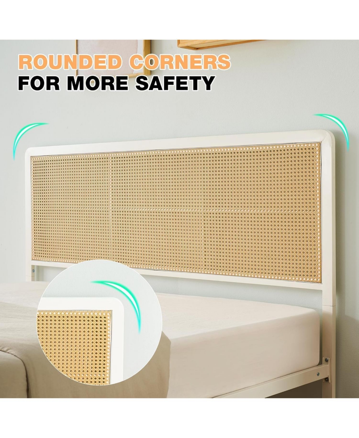 Gaomon Full Rattan Platform Bed Frame with Led Light Headboard, Modern Style Cane Boho Frames Sturdy Steel Slat Support