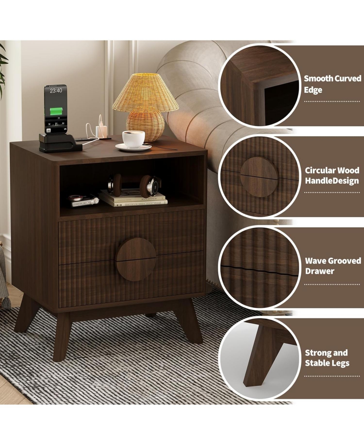 gaomon Fluted Night Stand Wood Tall Nightstands with Charging Station