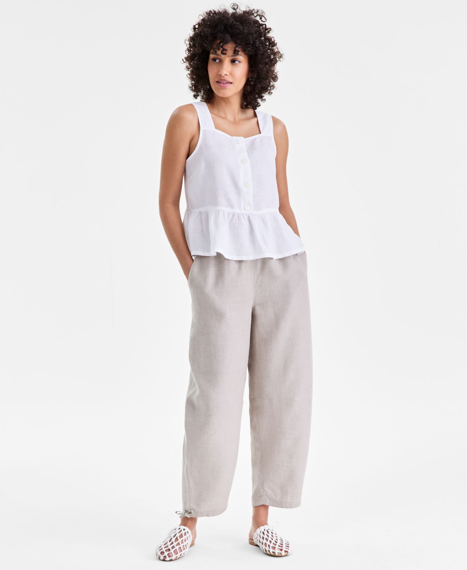 Women's Linen Square-Neck Peplum Top