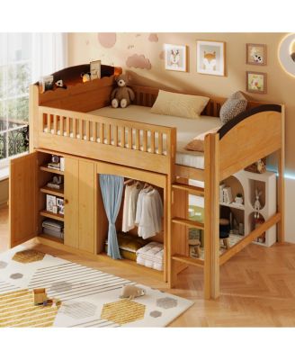 Loft Bed with Storage Cabinet, Wardrobe & LED Wood Espresso