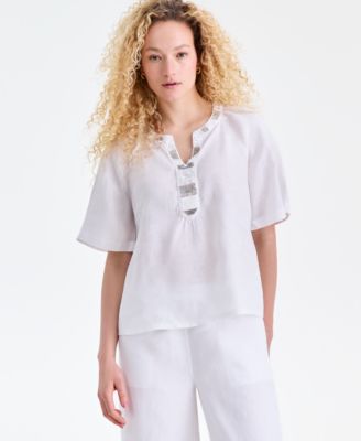 Women's 100% Linen Embellished-Neck Elbow-Sleeve Top